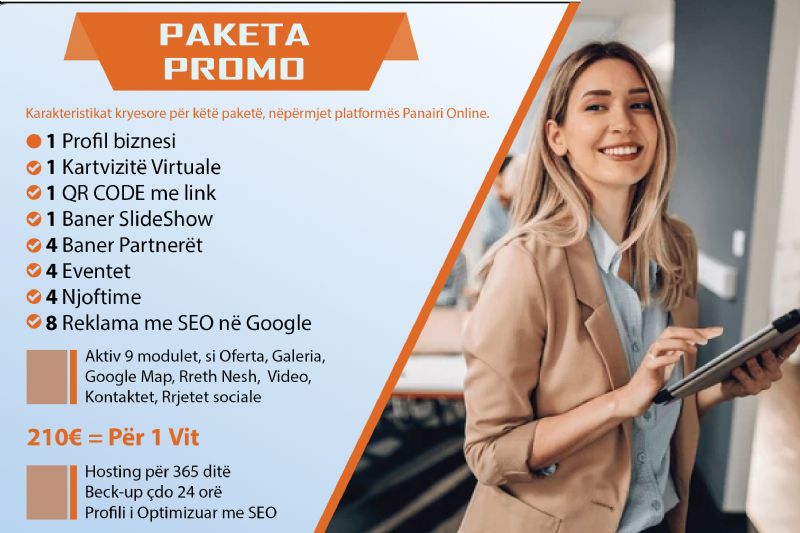 Paketa PROMO me 8 reklama = Çmimi 210€, Profil biznesi në platformën Panairi Online, Website me seo, optimizimi i website ne Google me SEO, Dyqan per shitje online